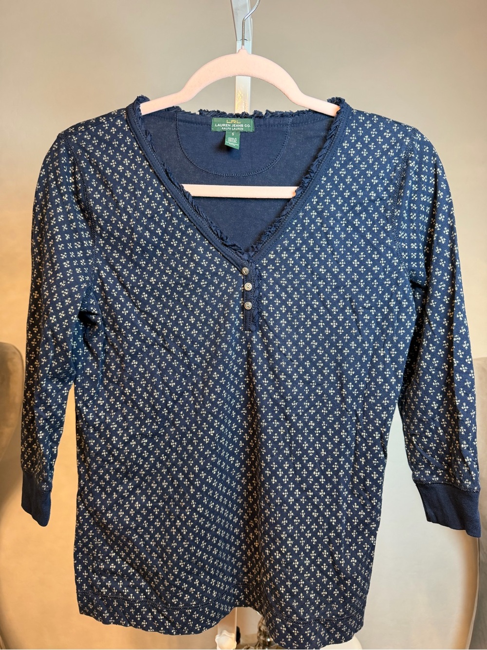 Ralph Lauren Navy Patterned Long-Sleeve Henley Top